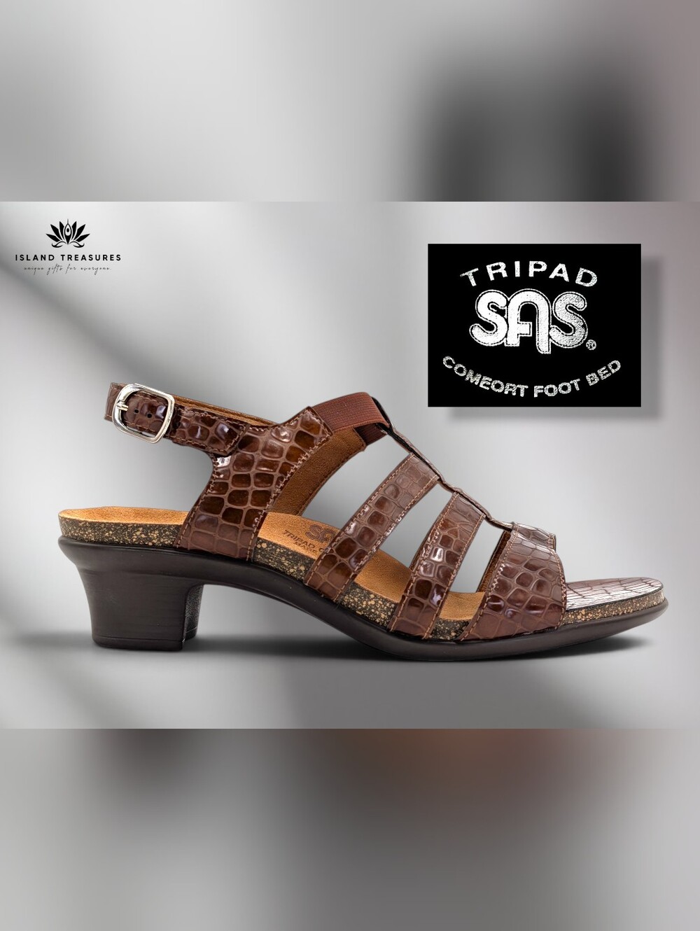 SAS Allegro Sz 10 WW Cognac Brown Croc-Embossed Block Heel Slingback Sandal